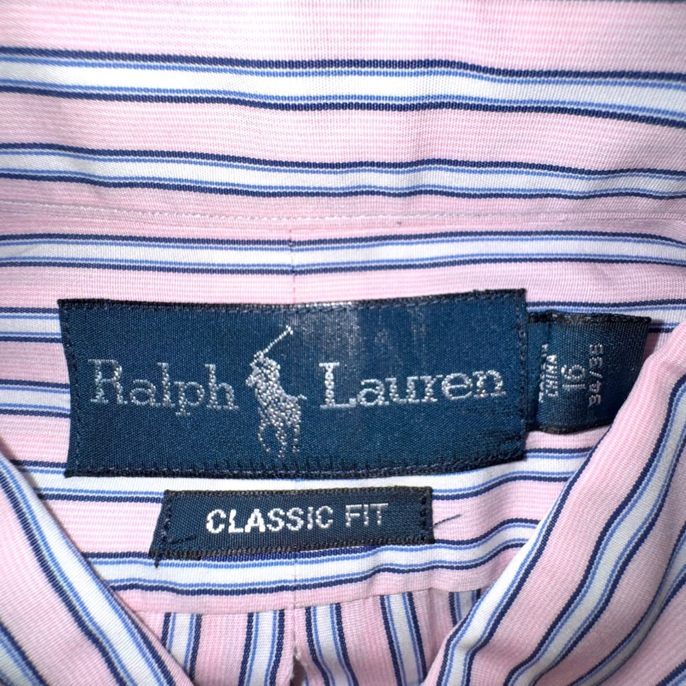 Ralph Lauren Classic Fit Men's‎ L 16 34/35 Pink Blue Stripe Button Down Shirt - Picture 5 of 6